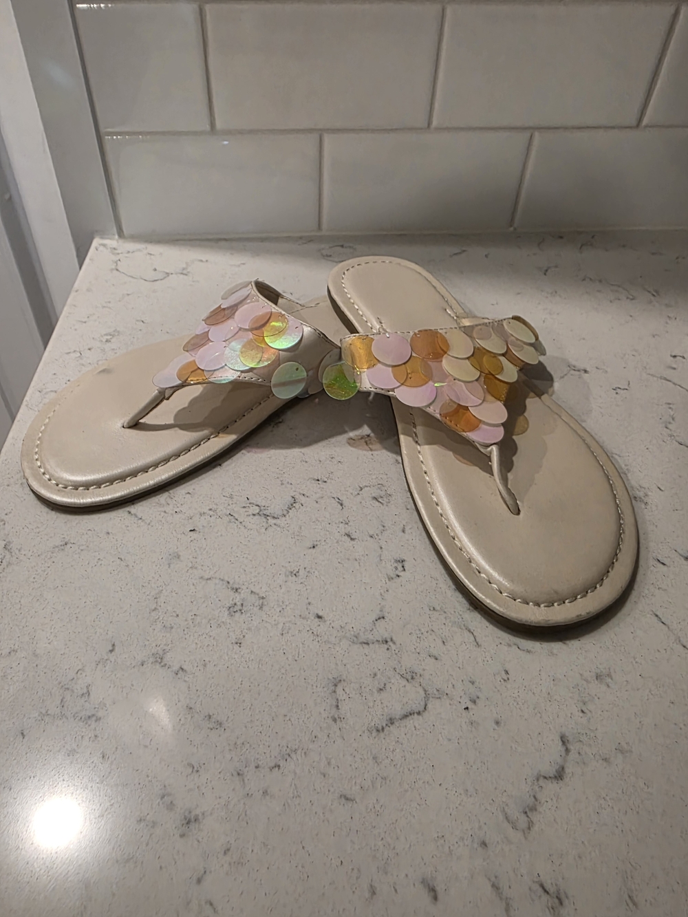 Women's Iridescent Sequin Beige Thong Sandals
